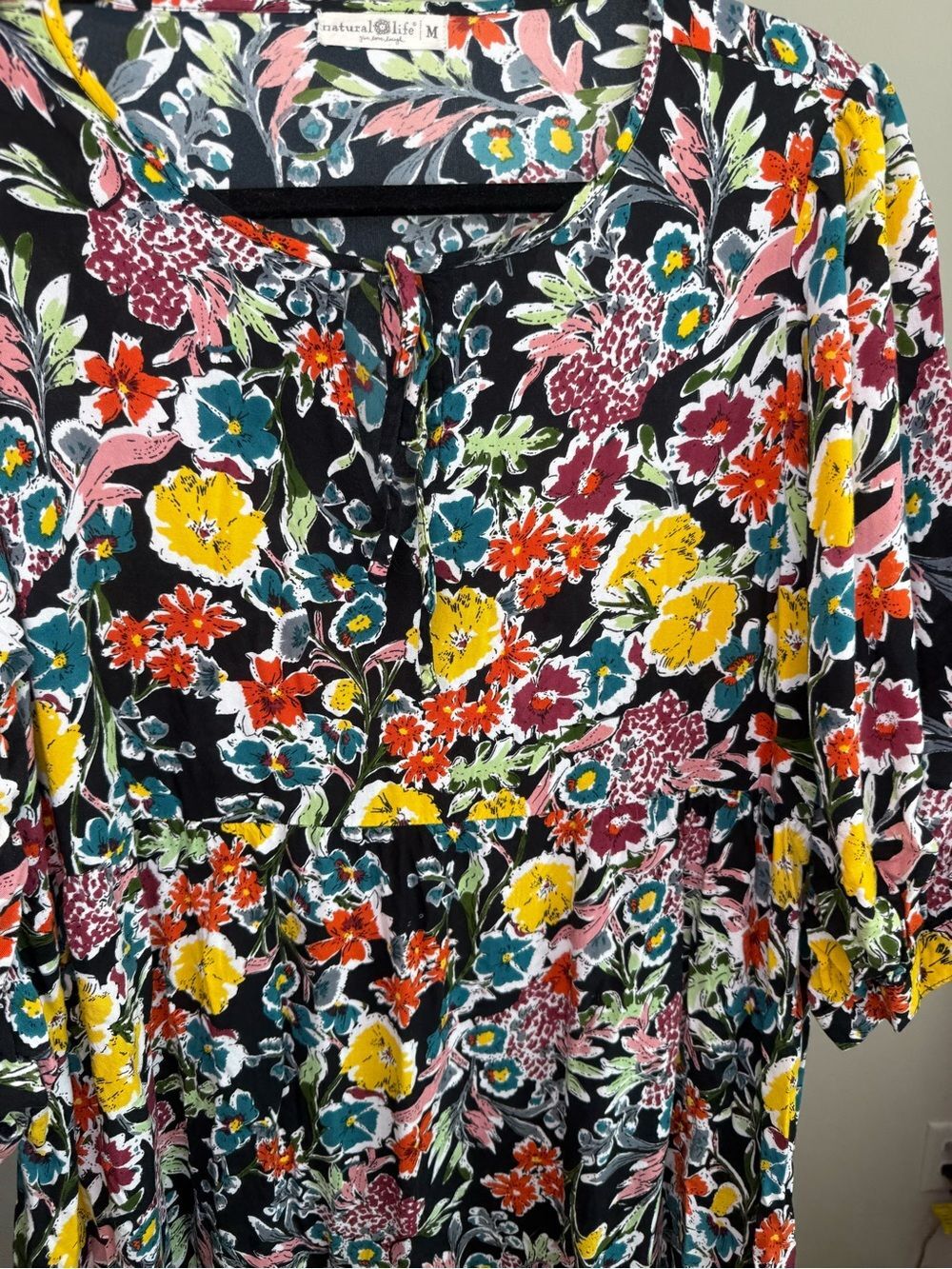 Natural Life Dress Sage V Neck Maxi Tiered Black floral Red Multi Yellow Accents - Picture 8 of 8